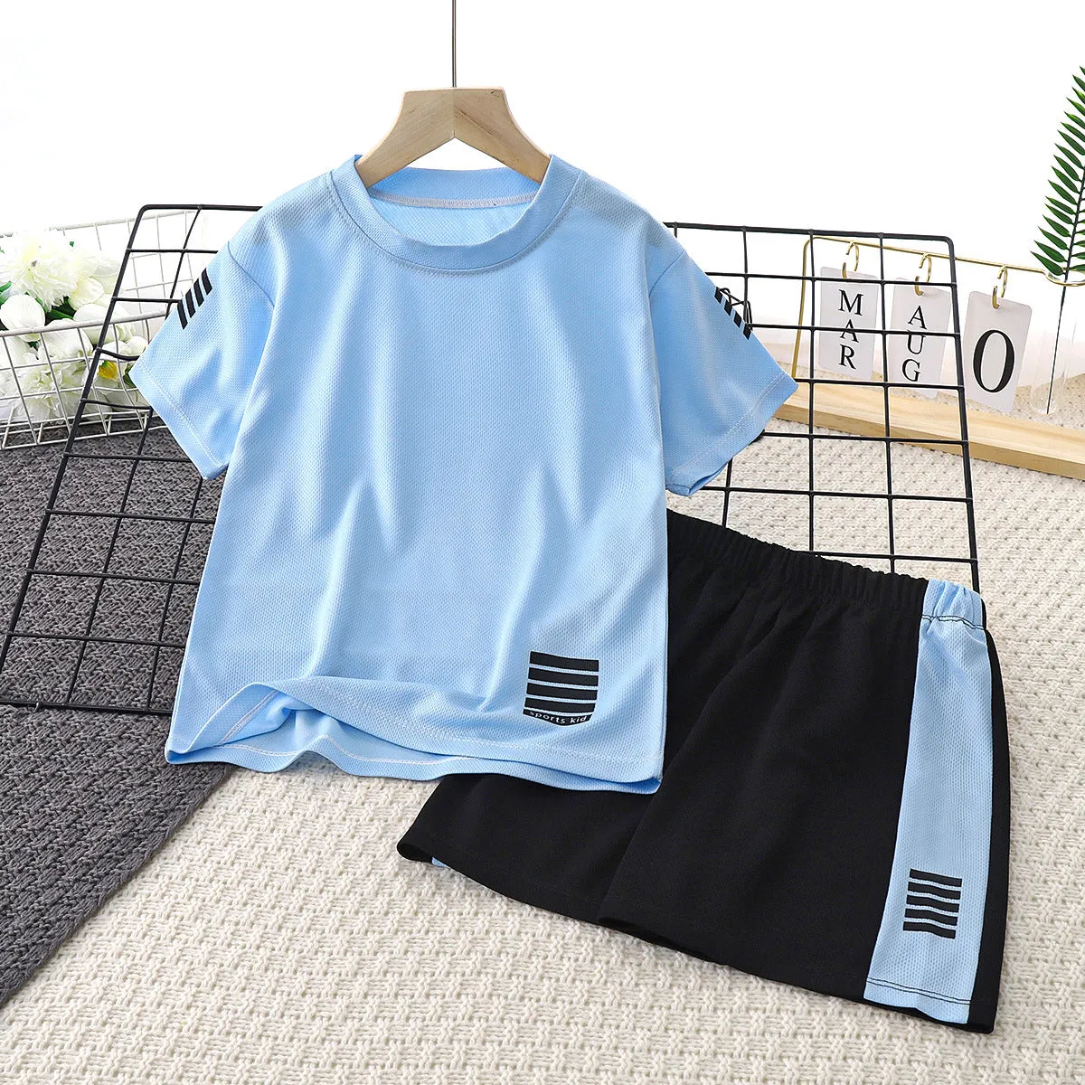 مجموعة اروين arwen&ajh group  Summer Children's Quick-drying Clothes Boy's Suit 2024 New Handsome Fashionable Middle And Big Children's Short-sleeved Summer Sports Two-piece Set