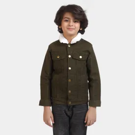 Boys Cotton Jacket Collar Sherpa-Olive Green