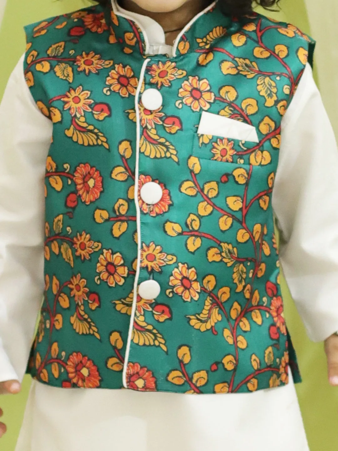 Kalamkari Print Jacket with Kurta Pajama for Boys- Green