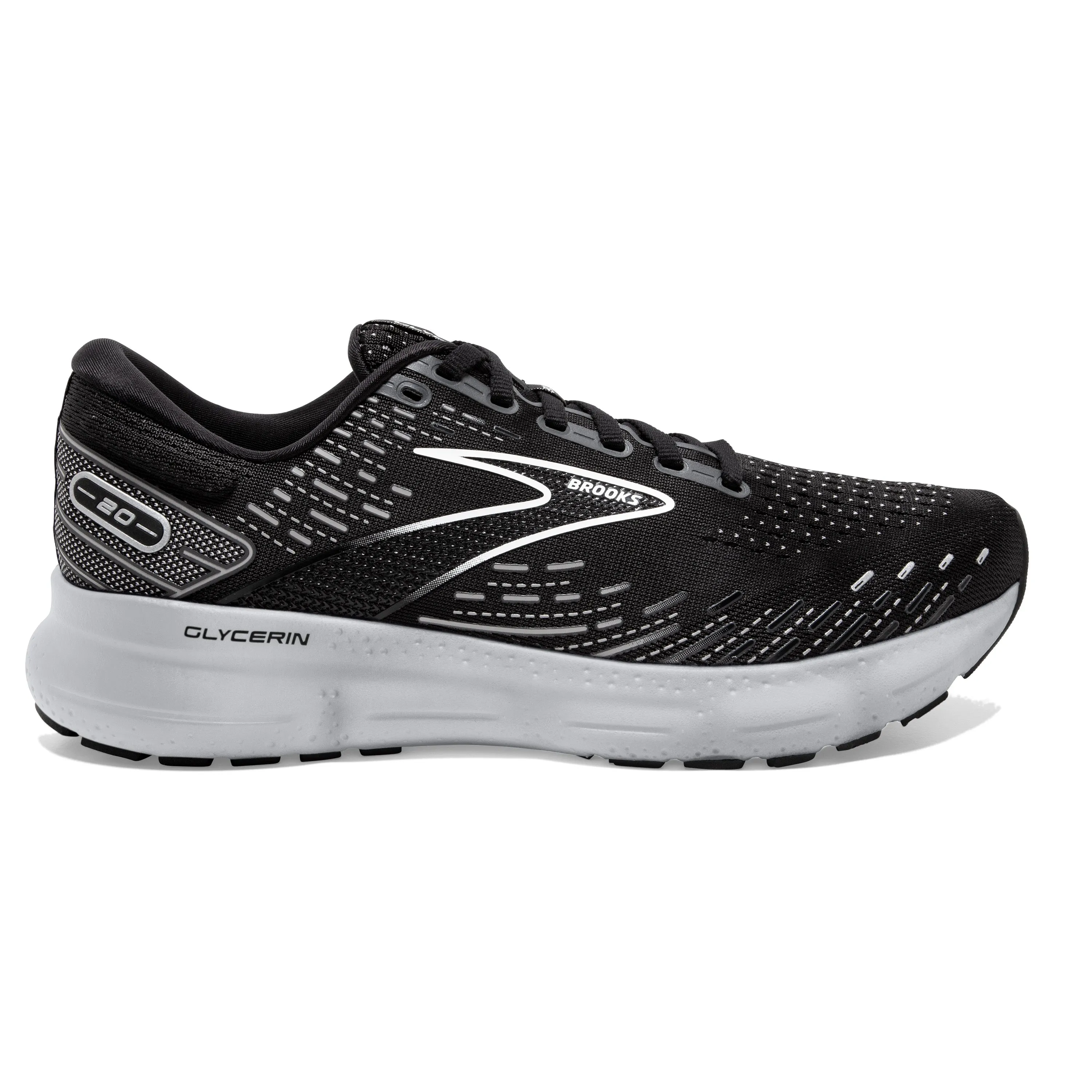 Men's Brooks Glycerin 20 Color: Black/White/ Alloy (WIDE WIDTH)