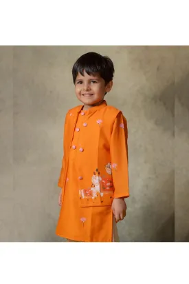 Orange Cotton Kurta With Pichwai Printed Jacket Set