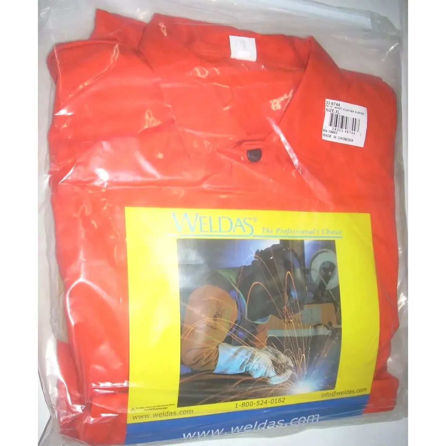 Weldas 33-6744XL COOL Orange FR Welding Jacket w Tan Leather Sleeves Size XL