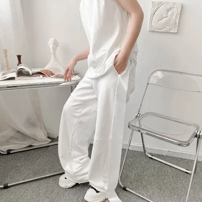 Wiaofellas  - New Autumn Niche Design Irregular Long Ribbon Loose Wide Leg Sports Pants Black White Straight Wide Leg Trousers 2Y7111